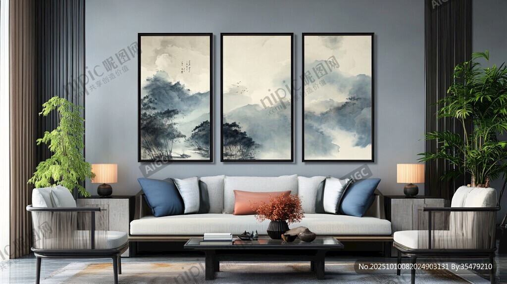 新中式客廳裝飾畫優(yōu)雅場(chǎng)景