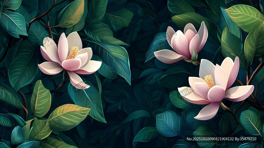 粉色玉蘭花與綠葉插畫