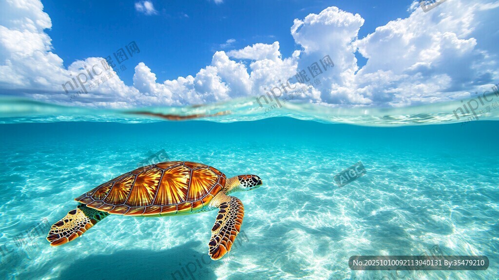 海龜暢游于清澈碧海藍天