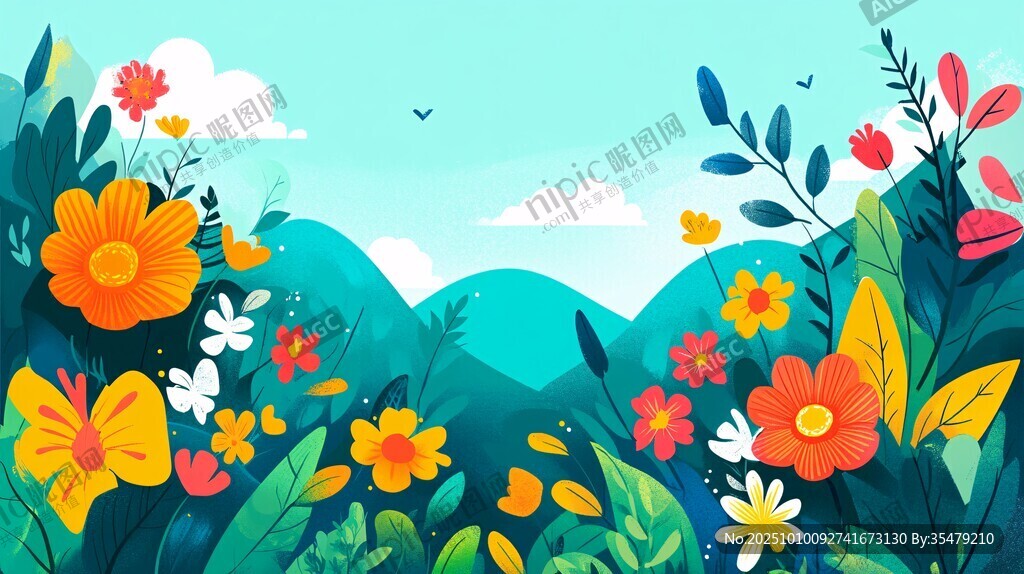 春日爛漫花海插畫
