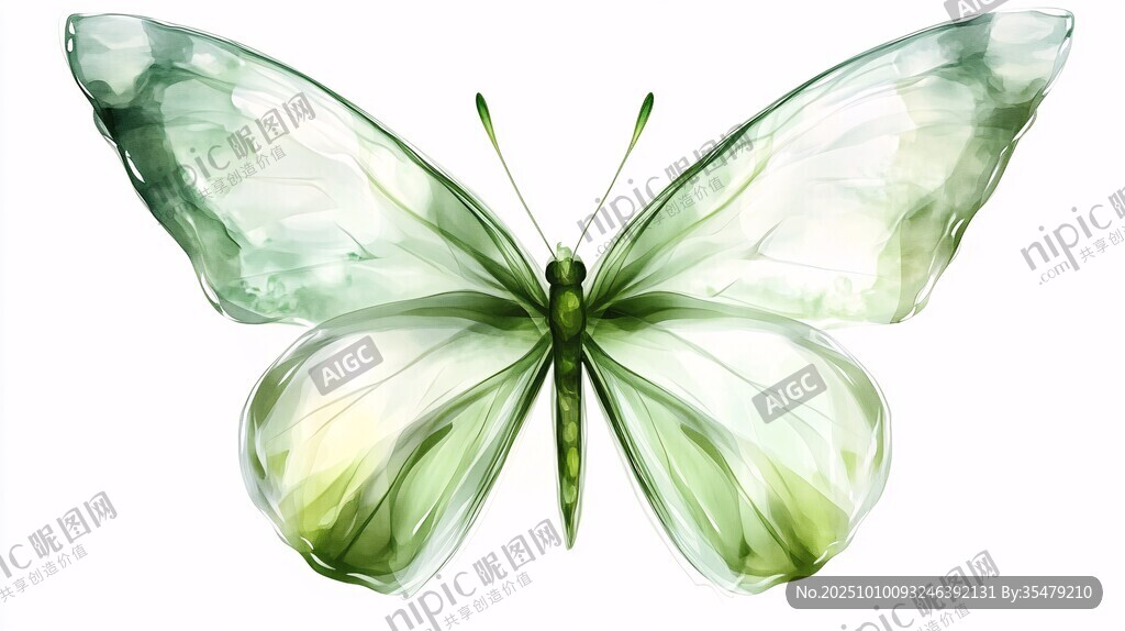 夢(mèng)幻綠羽蝴蝶水彩插畫(huà)
