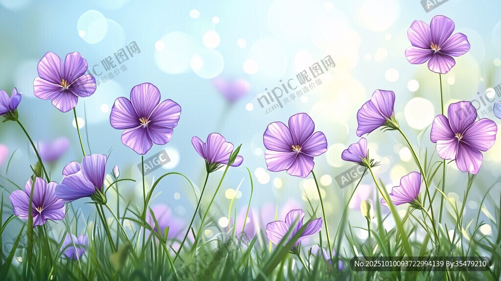 紫色小花綻放于綠意間