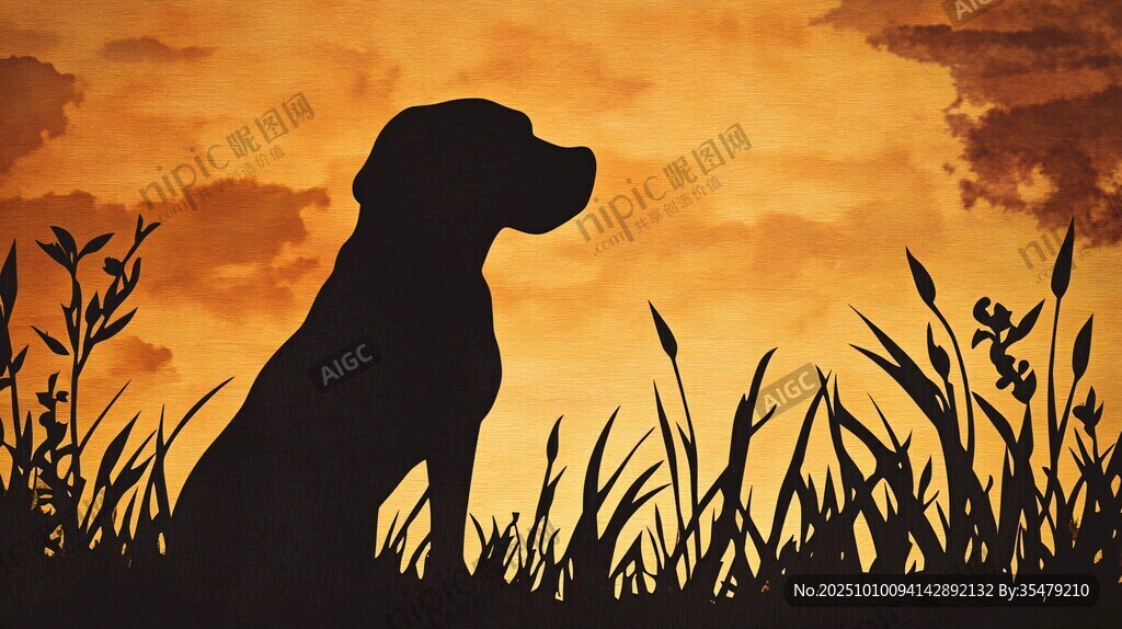 夕陽下的狗狗剪影