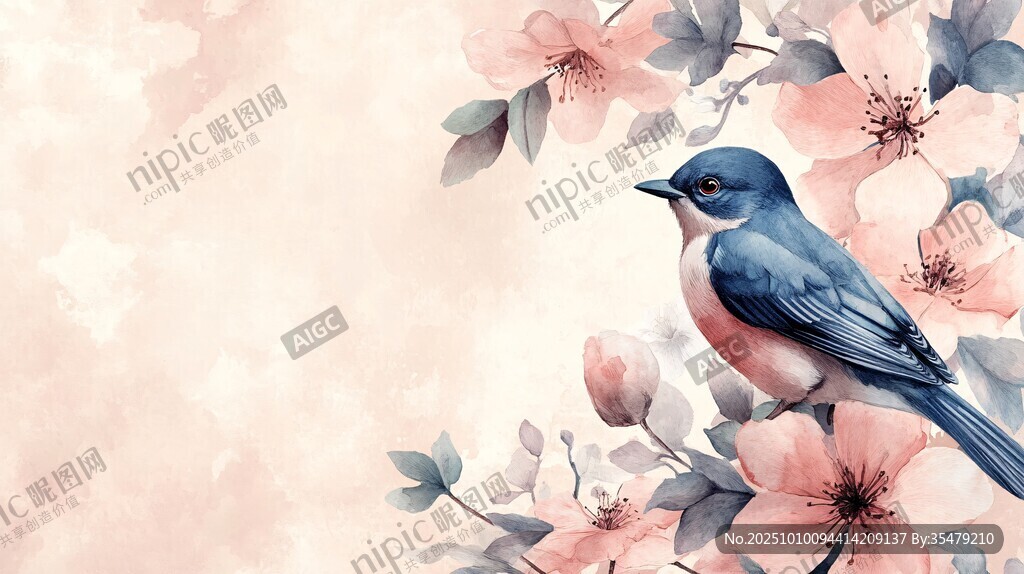 花鳥繪景 藍(lán)羽鳥棲繁花間