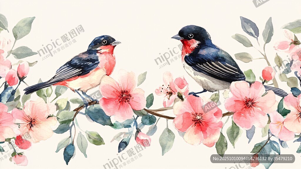 枝頭雙鳥(niǎo)伴繁花