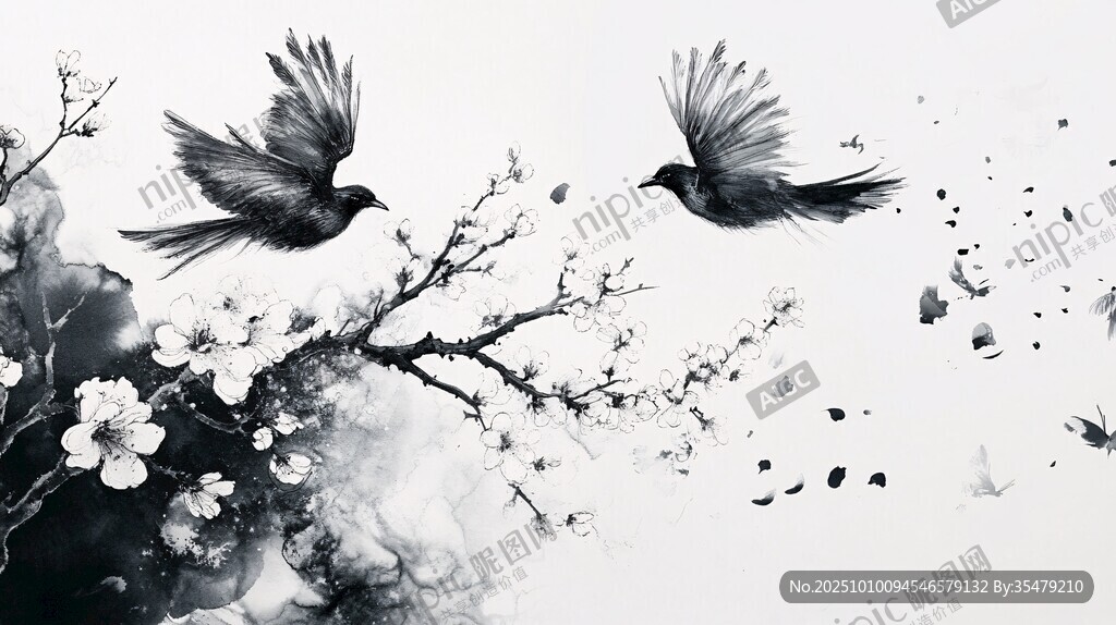 水墨雙鳥棲花圖