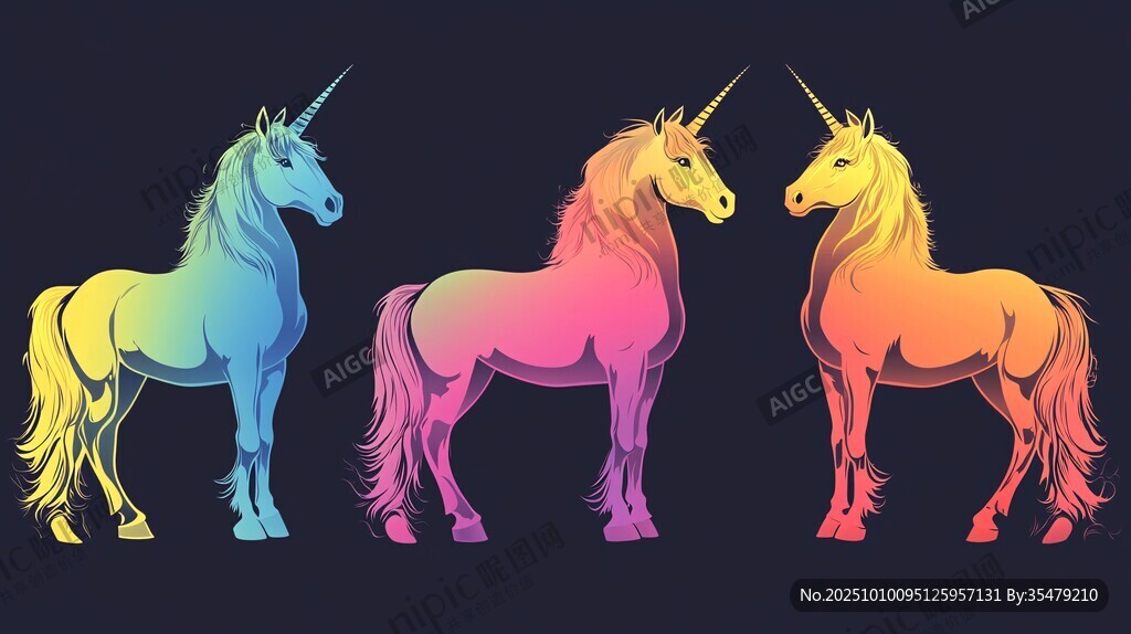 夢幻三色獨角獸插畫