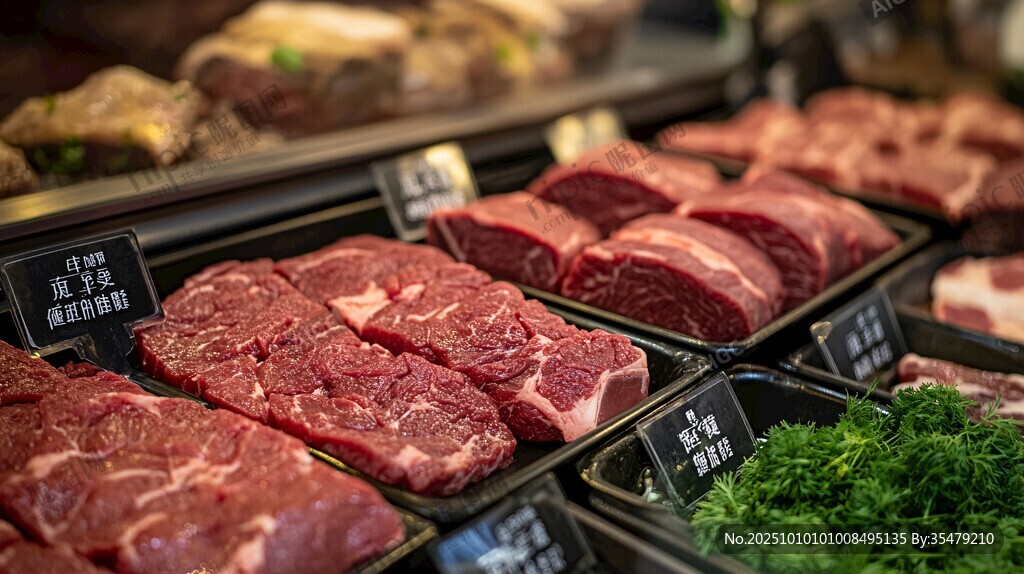 新鮮牛肉陳列在超市柜臺
