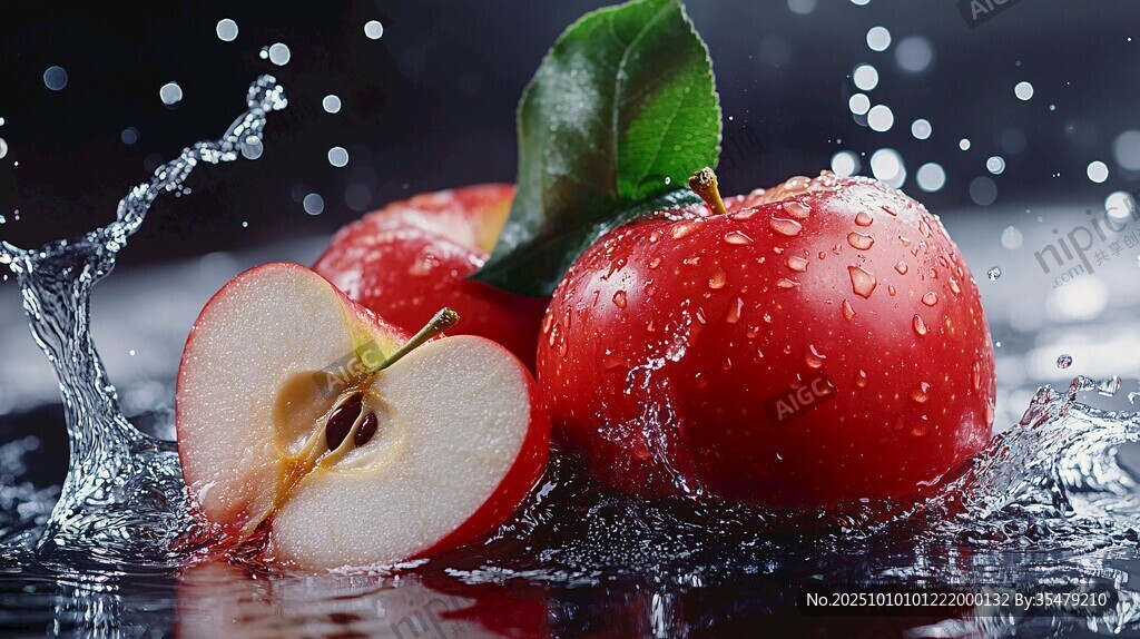 水珠飛濺的新鮮紅蘋果