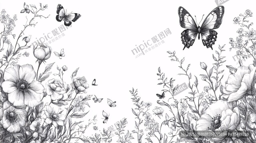 花卉蝴蝶黑白手繪插畫(huà)