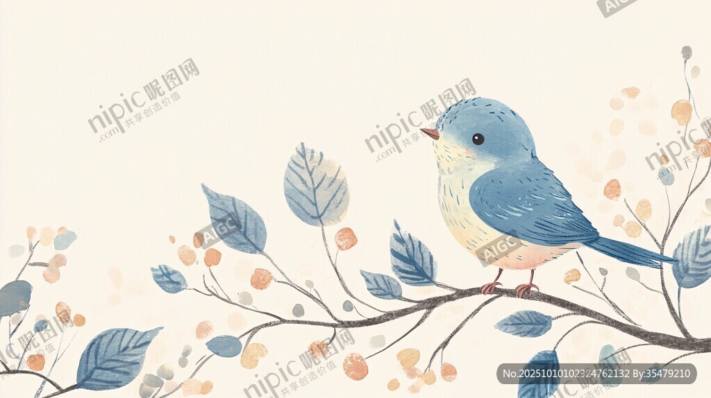 枝頭藍(lán)鳥的清新插畫
