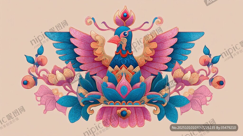 多彩鳳凰花卉裝飾圖案