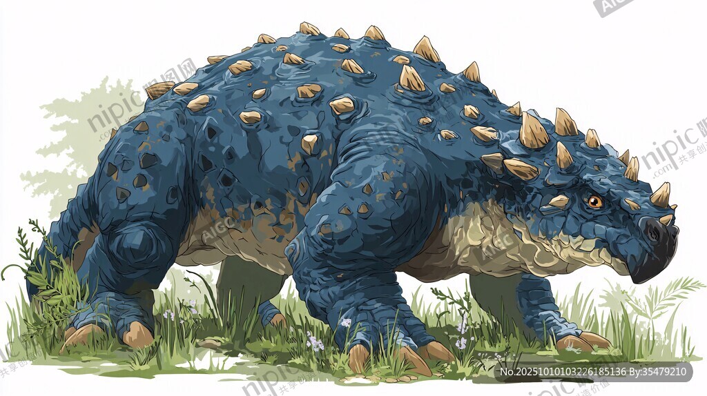 藍色尖刺恐龍于草地中