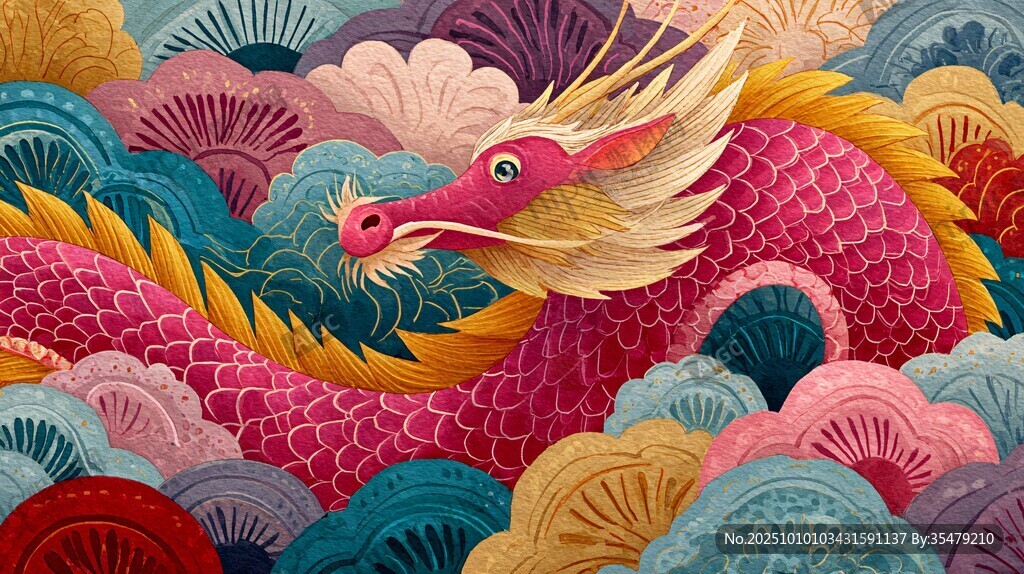 夢幻國風(fēng)龍游云海插畫