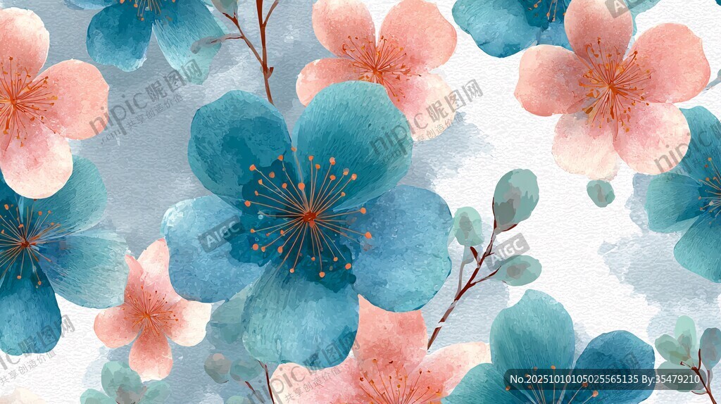 水彩風(fēng)藍(lán)粉花朵無縫圖案