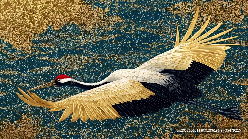 丹頂鶴展翅翱翔于古韻背景