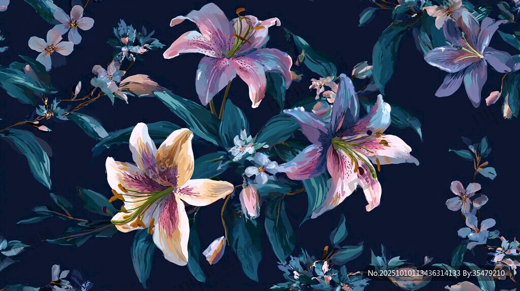 深藍色底夢幻百合花圖案