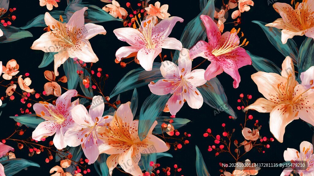 黑色背景上的多彩花卉圖案