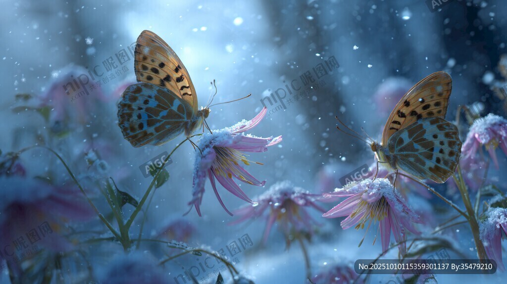 雪覆花叢中雙蝶飛舞