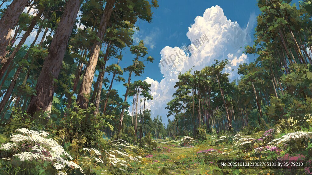 夢(mèng)幻森林中的藍(lán)天白云美景