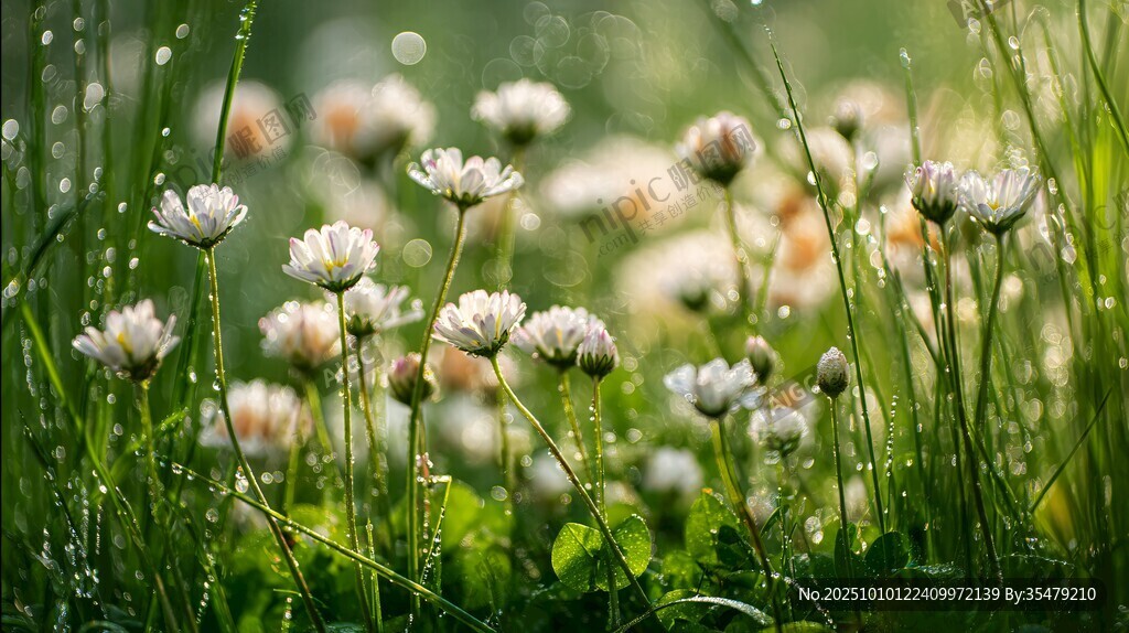 晨露中的清新雛菊花草景