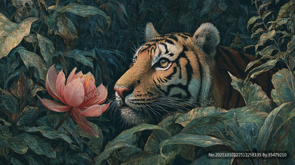 猛虎嗅蓮于繁茂叢林間