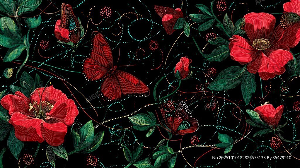 紅花朵間蝶舞的夢幻圖案