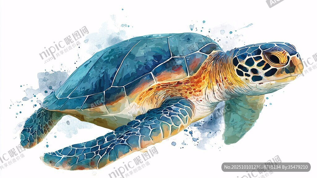 水彩風(fēng)暢游的斑斕大海龜