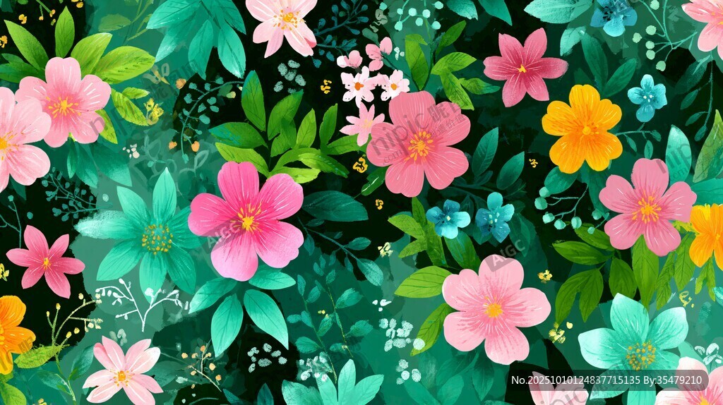 繽紛花卉綠葉插畫背景圖