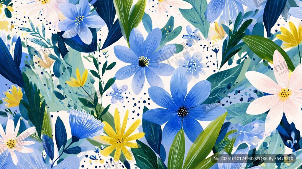 藍(lán)白花卉水彩清新圖案