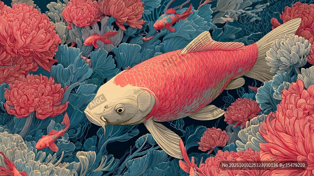 錦鯉游弋于繁花綠植間