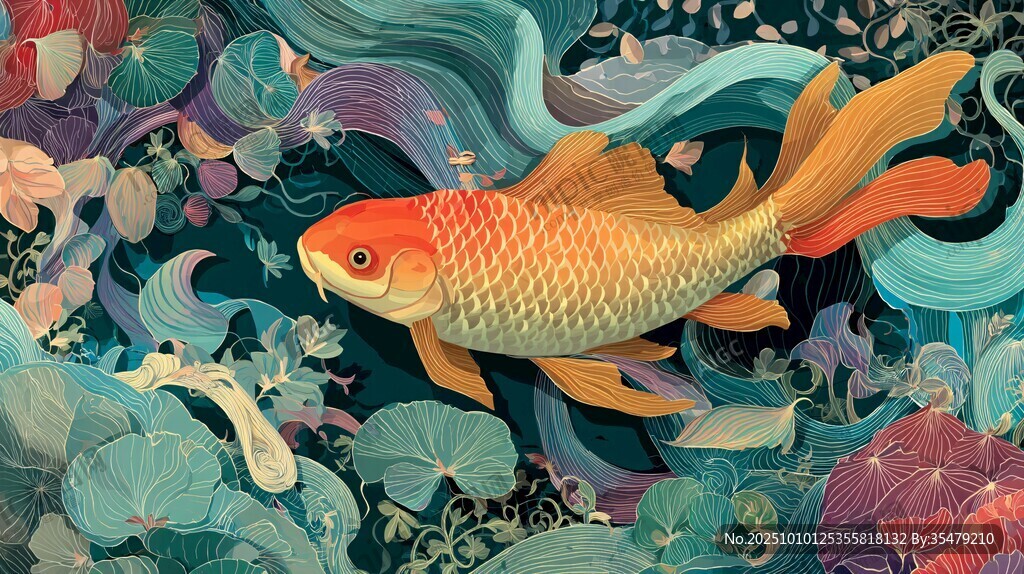 水中金魚暢游于多彩植物間