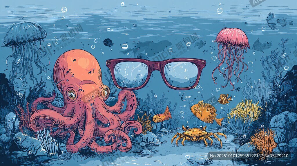 戴眼鏡的章魚的海底世界