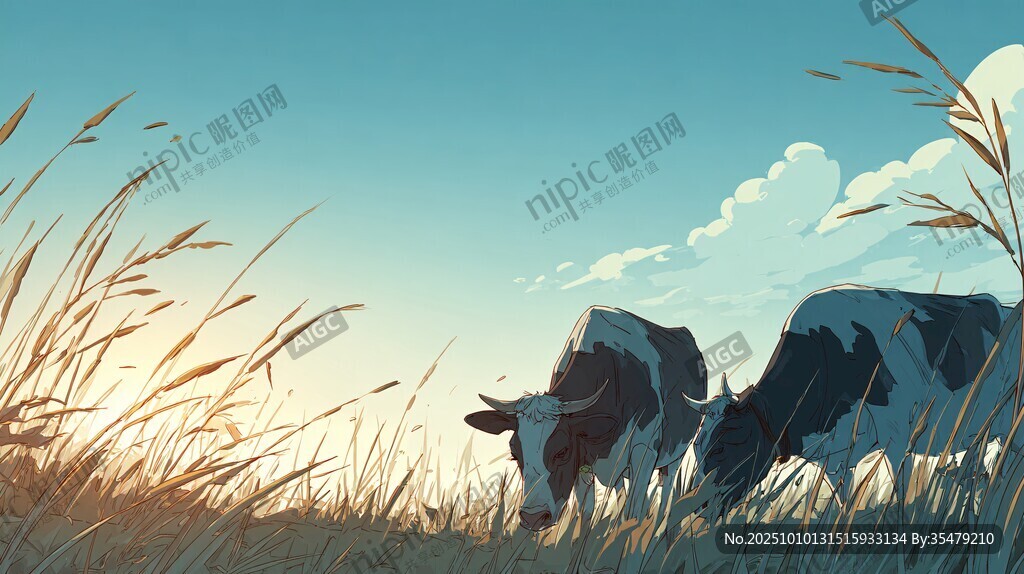 夕陽下草地中的兩頭奶牛