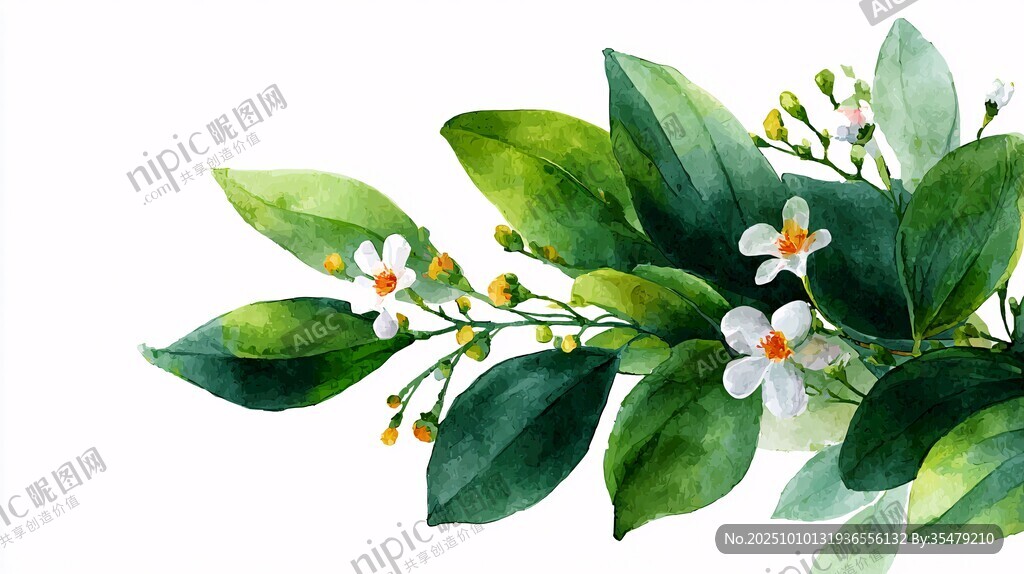 水彩繪綠葉白花植物圖