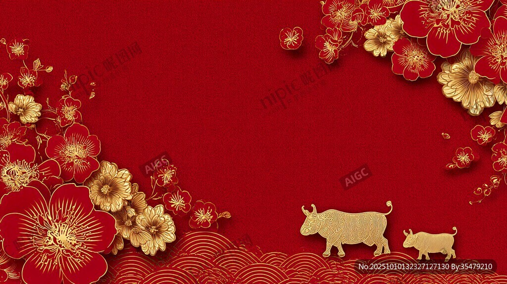 牛年喜慶紅金花卉背景圖