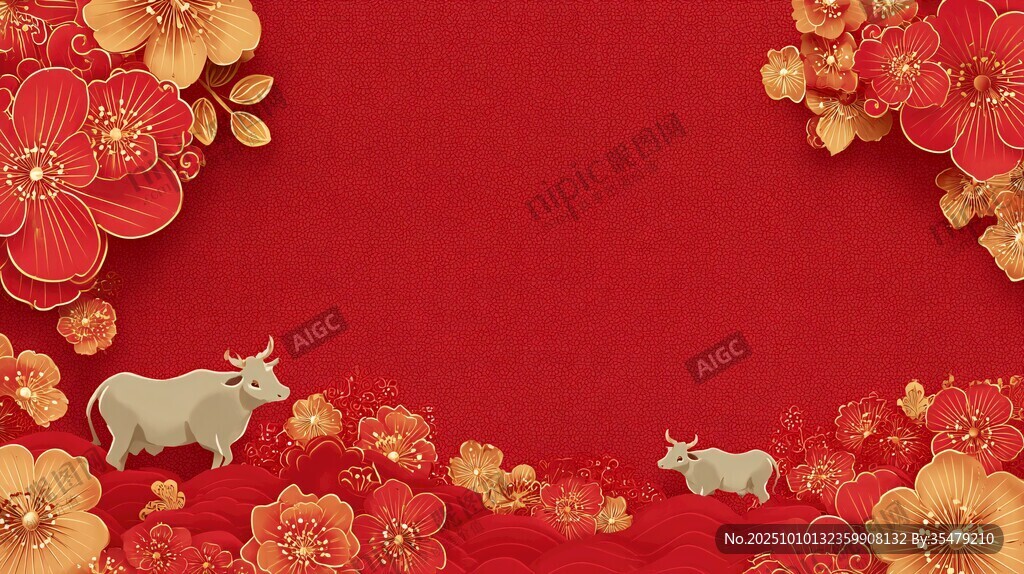 牛年喜慶花卉紅底背景圖