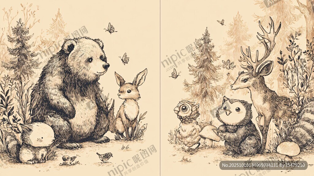 森林動物聚會場景插畫