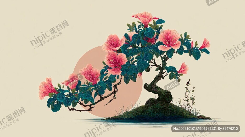 中式風(fēng)盛開的盆景花卉