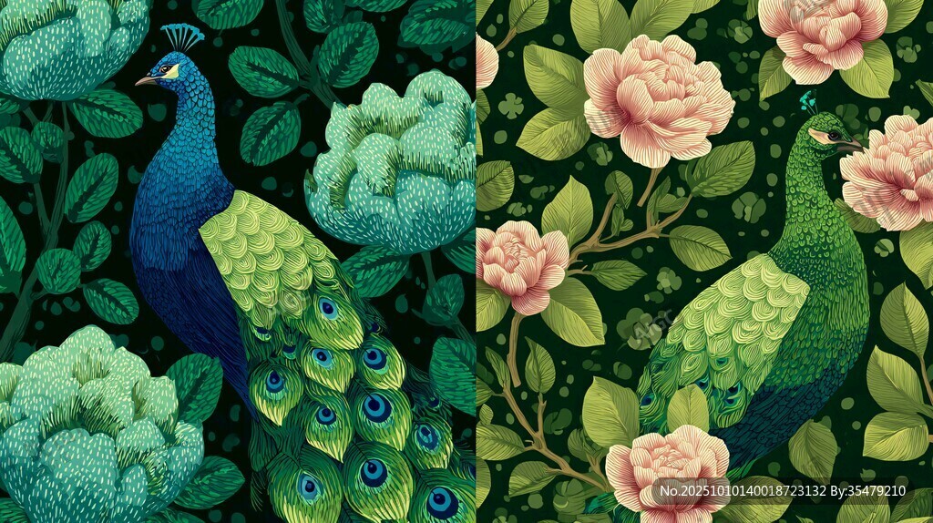 孔雀花卉圖案精美壁紙