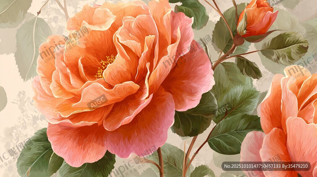 橙色玫瑰花卉精美插畫