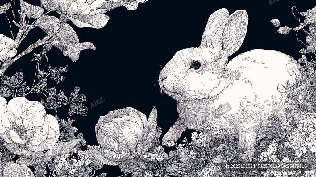 黑白插畫中兔子與繁花