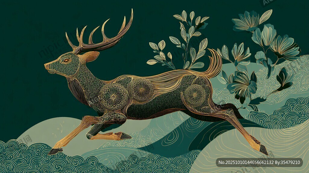 奔跑的中式花紋麋鹿插畫