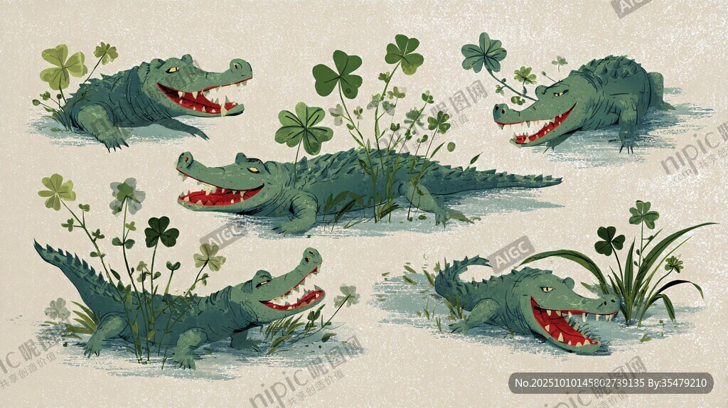 水彩風(fēng)鱷魚與花草插畫