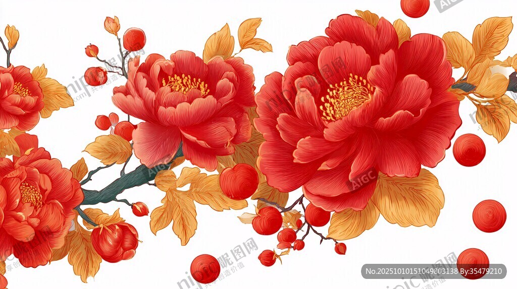 嬌艷盛開(kāi)的紅色牡丹花飾