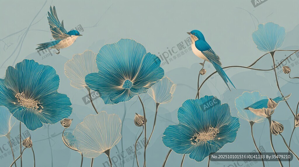 藍(lán)羽飛鳥伴藍(lán)花夢幻圖景