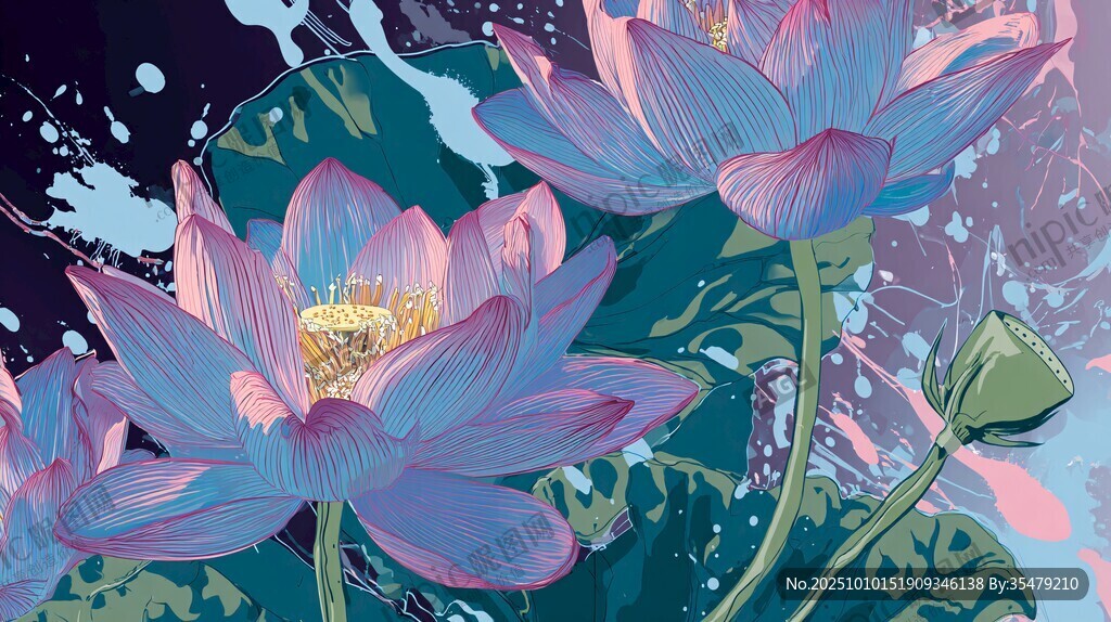 夢(mèng)幻水彩風(fēng)綻放的荷花