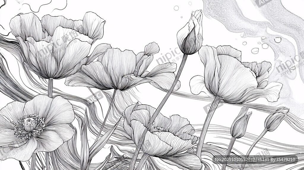 黑白線條繪就的優(yōu)雅花卉