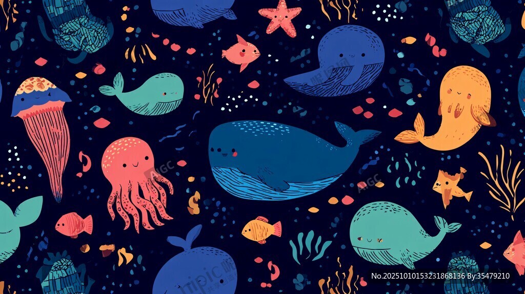 海洋動物夢幻插畫圖案
