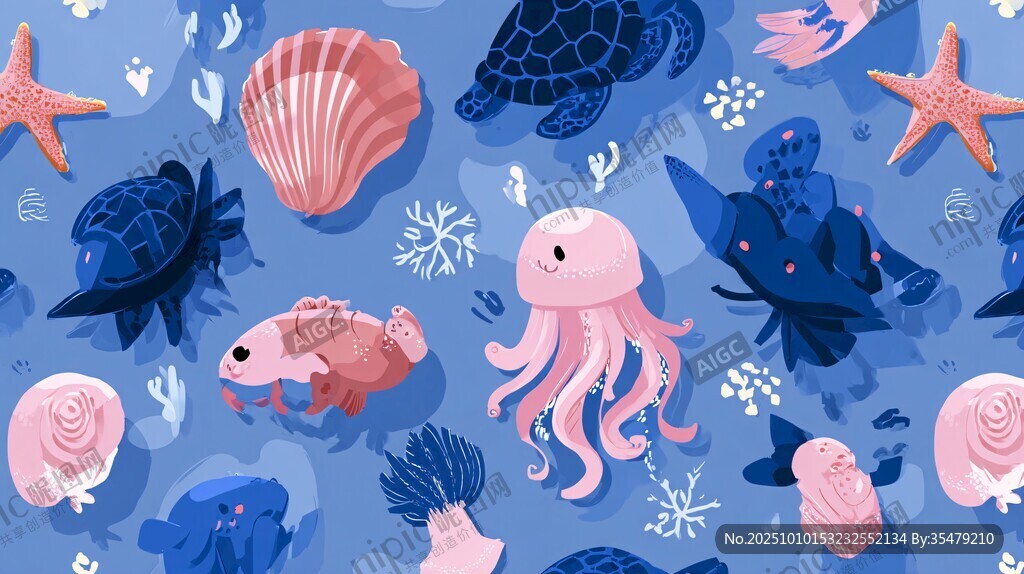 海洋生物夢幻插畫圖案